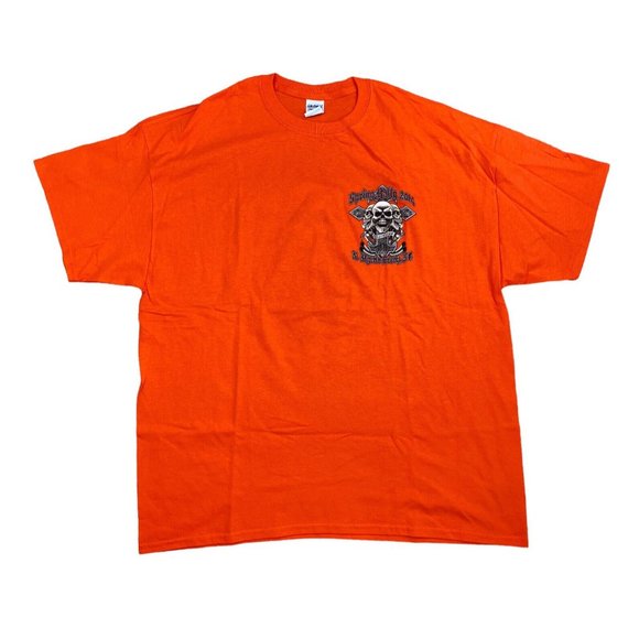 Spring Bike Rally 2014 T-Shirt 2XL N. Myrtle Beach SC Orange Skull Pipes NWOT - Picture 2 of 6